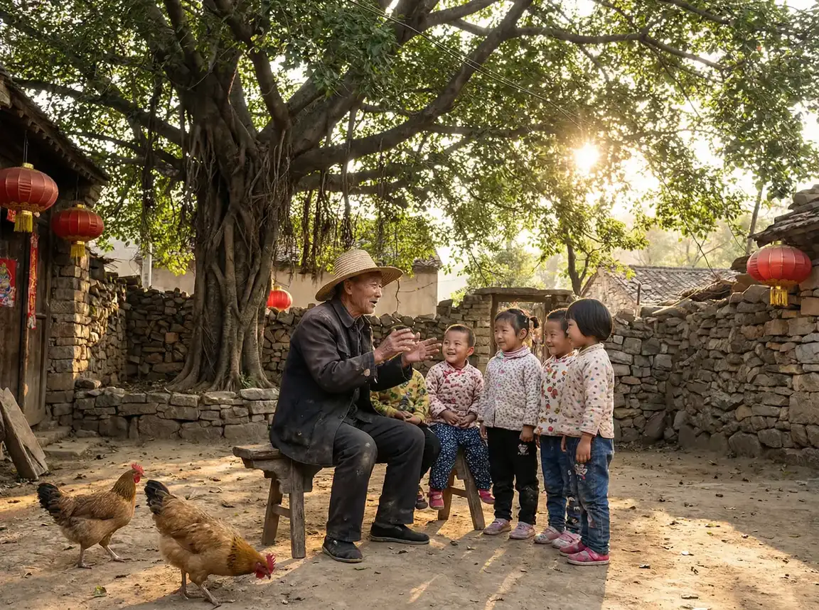 老人在大榕树下给孩子们讲故事 - 老马家幸福往事 乡村记忆
